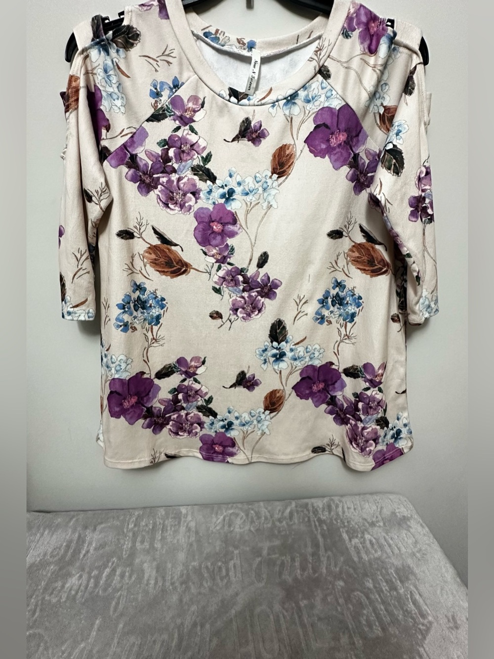 Floral Cold-Shoulder Women’s Top in Cream and Purple